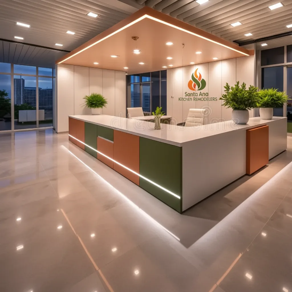 Santa Ana Kitchen Remodelers office interior with company logo on wall