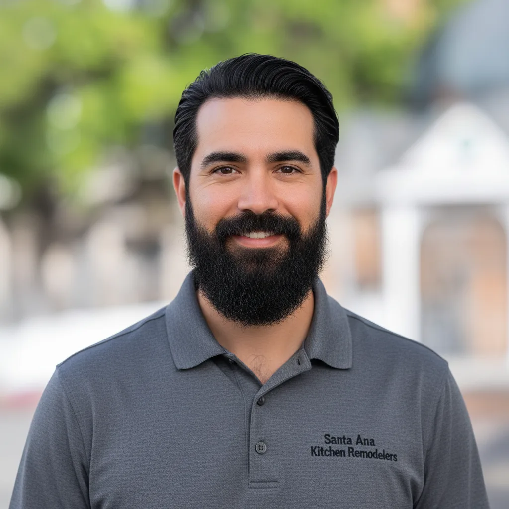 Bryan James, owner of Santa Ana Kitchen Remodelers, standing in front of company signage